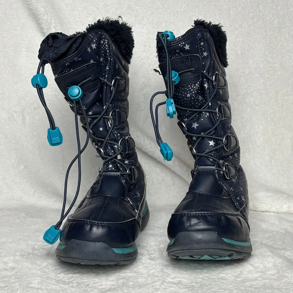 Lands' End Kids Navy Blue Star Print Winter Snow Boots Fur‎ Trim Warm Waterproof